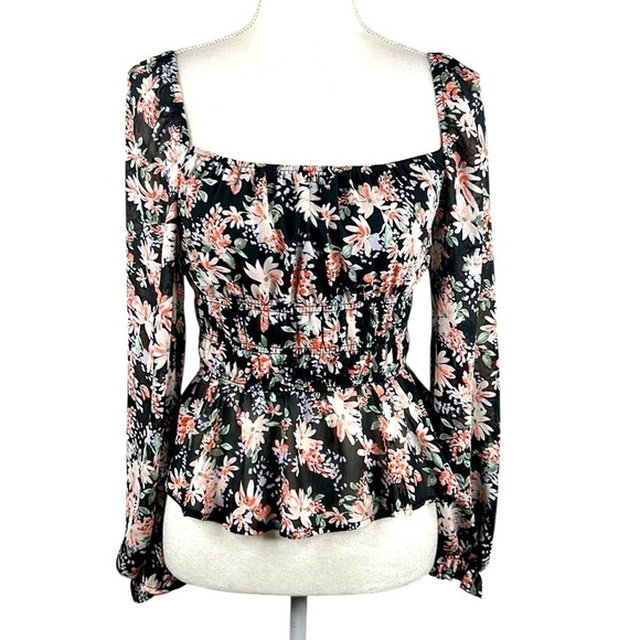 miami Tops - Miami Black Floral Boho Romantic Bell Sleeve Flowy Summer Top Size Small